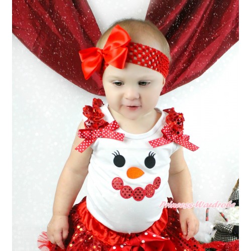 Xmas White Tank Top Red Sequins Ruffles Minnie Dots Bow & Sparkle Red Snowman Face Print TB971