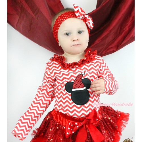 Xmas Red White Chevron Long Sleeves Top Red Sequins Lacing & Christmas Minnie Print TO401