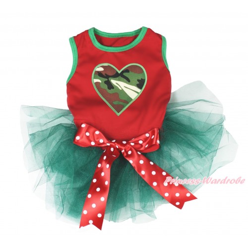 Valentine's Day Red Sleeveless Teal Green Gauze Skirt & Camouflage Heart Print & Red White Polka Dots Bow Pet Dress DC204