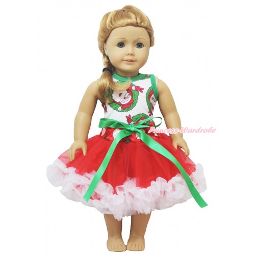 Xmas Santa Claus Tank Top & Kelly Green Bow Red White Green Dots Waist Pettiskirt American Girl Doll Outfit DO051