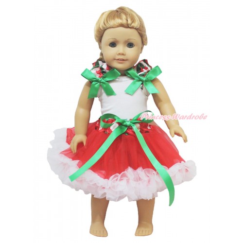 Xmas White Tank Top Red White Green Chevron Ruffles Kelly Green Bow & Red White Green Dots Waist Pettiskirt American Girl Doll Outfit DO052