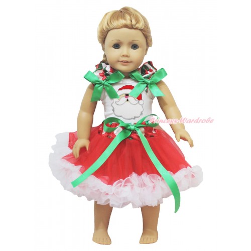 Xmas White Tank Top Red White Green Chevron Ruffles Kelly Green Bows & Santa Claus & Red White Green Dots Waist Pettiskirt American Girl Doll Outfit DO053