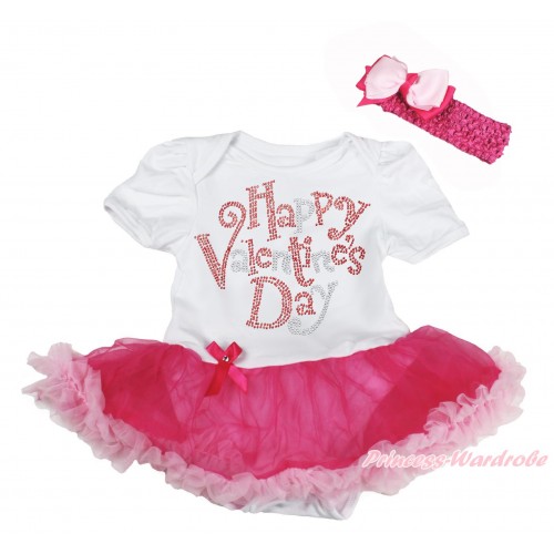 Valentine's Day White Baby Bodysuit Hot Light Pink Pettiskirt With Sparkle Crystal Bling Rhinestone Happy Valentine's Day Print & Hot Pink Headband Light Hot Pink Ribbon Bow JS2937 