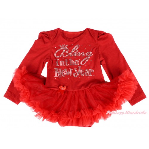 Red Long Sleeve Baby Bodysuit Pettiskirt & Sparkle Rhinestone Bling In The New Year Print JS4175