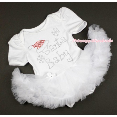 Xmas White Baby Bodysuit Pettiskirt & Sparkle Rhinestone Santa Baby Print JS4182