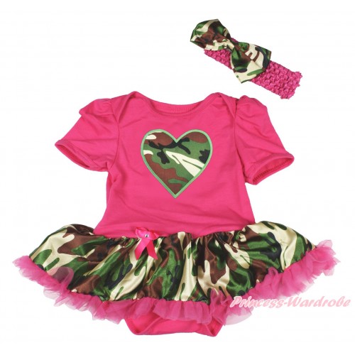 Hot Pink Baby Bodysuit Camouflage Hot Pink Pettiskirt & Camouflage Heart & Hot Pink Headband Camouflage Satin Bow JS4184