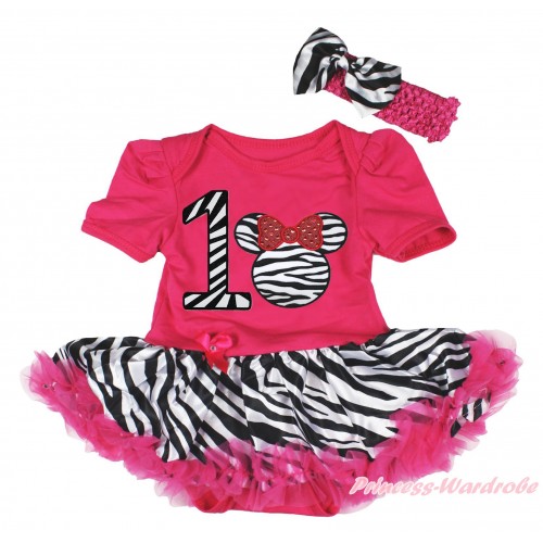 Hot Pink Baby Bodysuit Zebra Pettiskirt & 1st Zebra Birthday Number & Zebra Minnie & Hot Pink Headband Zebra Satin Bow JS4186