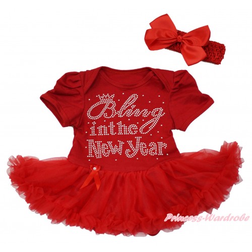 Red Baby Bodysuit Pettiskirt & Sparkle Rhinestone Bling In The New Year & Red Headband Silk Bow JS4187