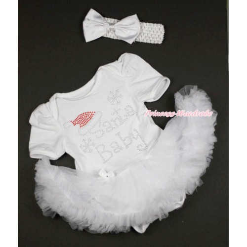 Xmas White Baby Bodysuit Pettiskirt & Sparkle Rhinestone Santa Baby & White Headband Satin Bow JS4189