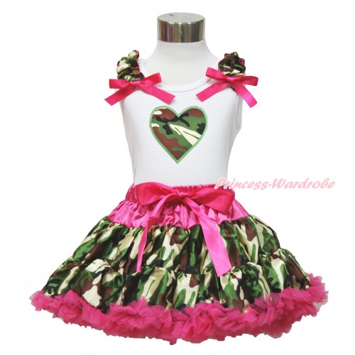 Valentine's Day White Tank Top Camouflage Ruffles Hot Pink Bows & Camouflage Heart Print & Hot Pink Camouflage Pettiskirt MG1406