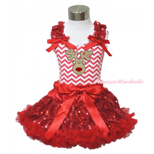 Xmas Red White Chevron Tank Top Red Sequins Ruffles Red Bow & Christmas Reindeer Print & Sparkle Red Sequins Pettiskirt MH259