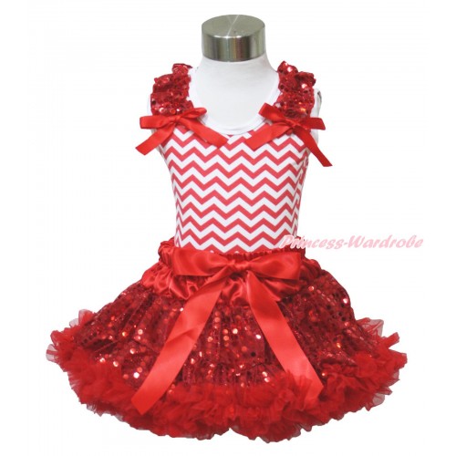 Xmas Red White Chevron Tank Top Red Sequins Ruffles Red Bows & Sparkle Red Sequins Pettiskirt MH277