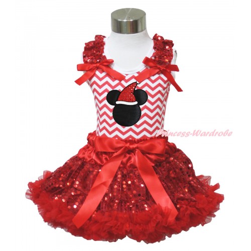 Xmas Red White Chevron Tank Top Red Sequins Ruffles Red Bow & Christmas Minnie Print & Sparkle Red Sequins Pettiskirt MH279