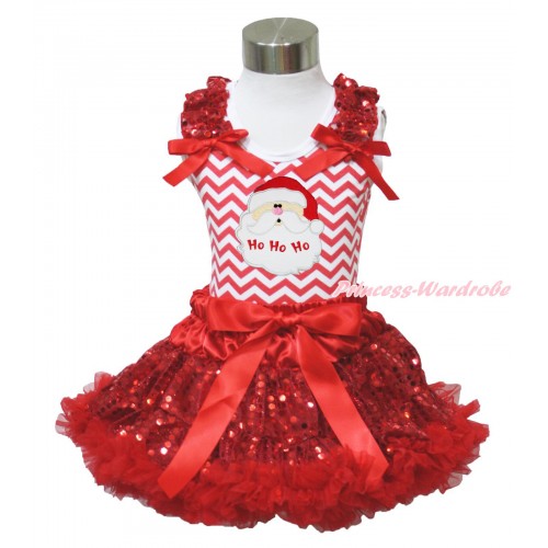 Xmas Red White Chevron Tank Top Red Sequins Ruffles Red Bow & Santa Claus Print & Sparkle Red Sequins Pettiskirt MH280