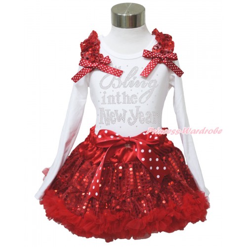 White Long Sleeve Top Red Sequins Ruffles Minnie Dots Bow & Sparkle Rhinestone Bling In The New Year & Sparkle Red Sequins Pettiskirt MW601