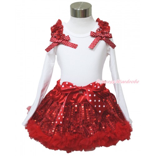 Xmas White Long Sleeve Top Red Sequins Ruffles Minnie Dots Bow & Sparkle Red Sequins Pettiskirt MW604
