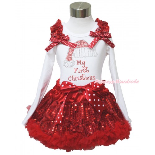 Xmas White Long Sleeve Top Red Sequins Ruffles Minnie Dots Bow & Sparkle Rhinestone Christmas Hat & Sparkle Red Sequins Pettiskirt MW607