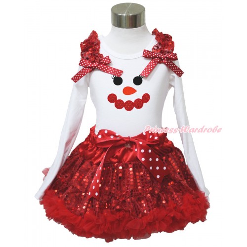 Xmas White Long Sleeve Top Red Sequins Ruffles Minnie Dots Bow & Sparkle Red Snowman Face & Sparkle Red Sequins Pettiskirt MW608