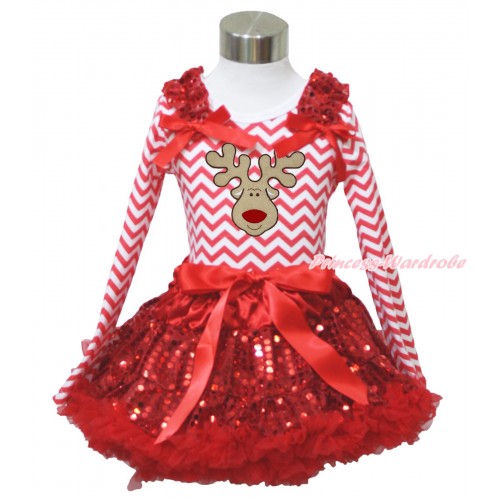 Xmas Red White Chevron Long Sleeve Top Red Sequins Ruffles Red Bow & Christmas Reindeer Print & Sparkle Red Sequins Pettiskirt MW610