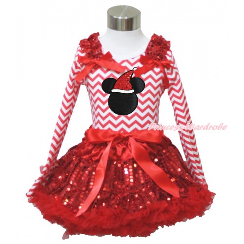 Xmas Red White Chevron Long Sleeve Top Red Sequins Ruffles Red Bow & Christmas Minnie Print & Sparkle Red Sequins Pettiskirt MW612