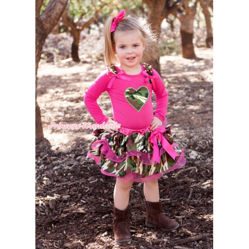 Valentine's Day Hot Pink Long Sleeve Top Camouflage Ruffles Hot Pink Bow & Camouflage Heart Print & Hot Pink Bow Hot Pink Camouflage Petal Pettiskirt MW615