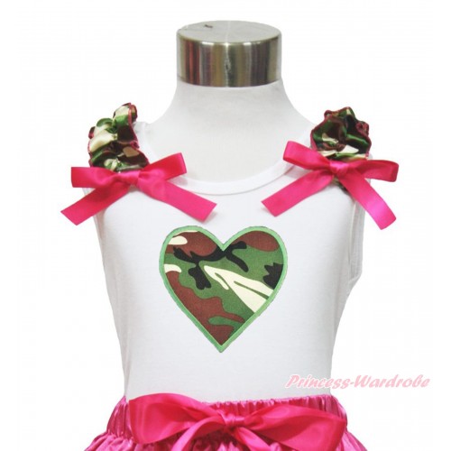 Valentine's Day White Tank Top Camouflage Ruffles Hot Pink Bow & Camouflage Heart Print TB976