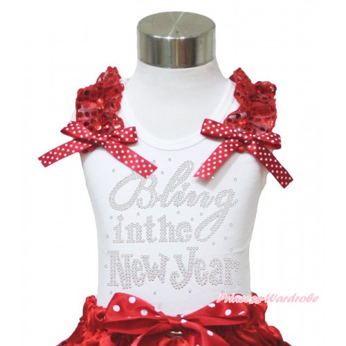 White Tank Top Red Sequins Ruffles Minnie Dots Bow & Sparkle Rhinestone Bling In The New Year Print TB978