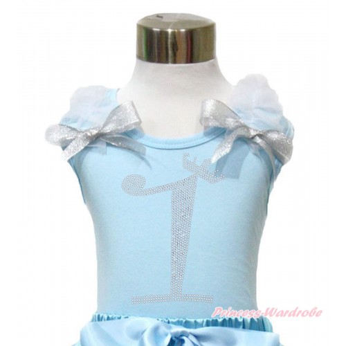 Light Blue Tank Top With White Ruffles & Sparkle Silver Grey Bow With 1st Sparkle Rhinestone Birthday Number Print TM289