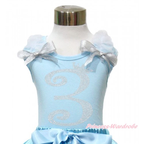 Light Blue Tank Top With White Ruffles & Sparkle Silver Grey Bow With 3rd Sparkle Rhinestone Birthday Number Print TM291
