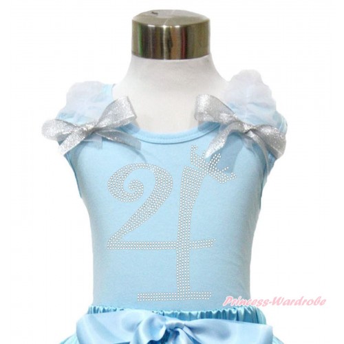 Light Blue Tank Top With White Ruffles & Sparkle Silver Grey Bow With 4th Sparkle Rhinestone Birthday Number Print TM292