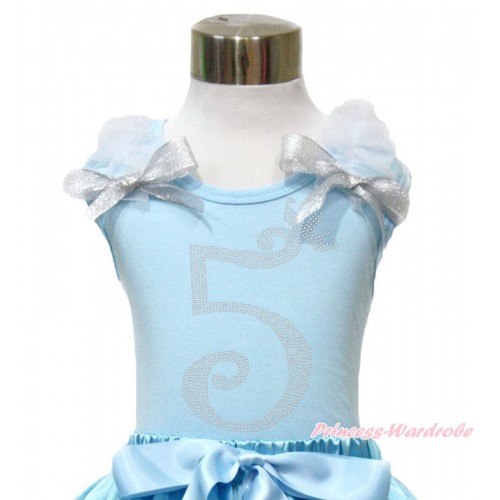Light Blue Tank Top With White Ruffles & Sparkle Silver Grey Bow With 5th Sparkle Rhinestone Birthday Number Print TM293