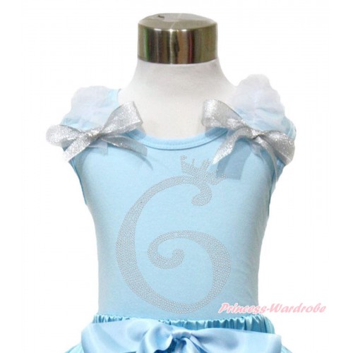 Light Blue Tank Top With White Ruffles & Sparkle Silver Grey Bow With 6th Sparkle Rhinestone Birthday Number Print TM294