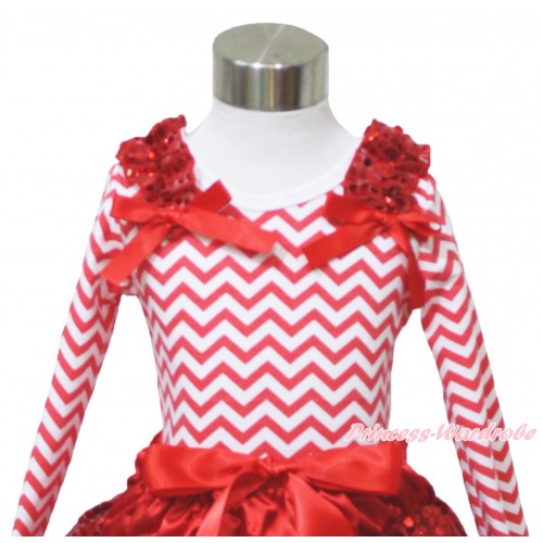 Xmas Red White Chevron Long Sleeve Top Red Sequins Ruffles Red Bow TO402