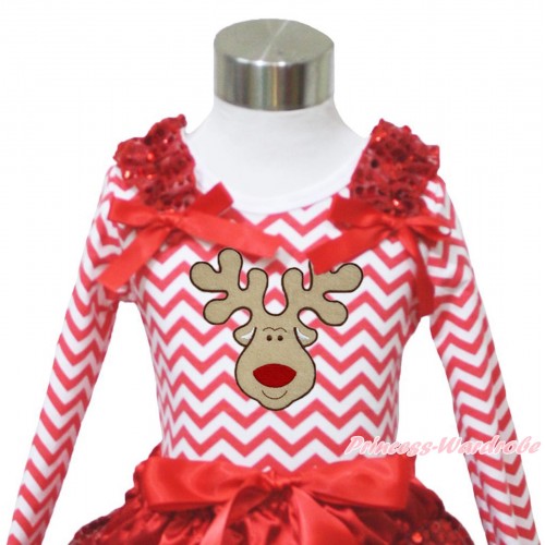 Xmas Red White Chevron Long Sleeves Top Red Sequins Ruffles Red Bow & Christmas Reindeer Print TO403