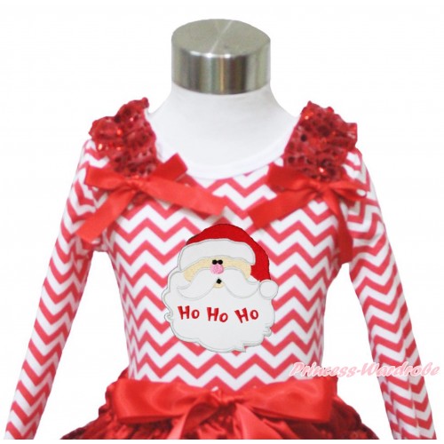 Xmas Red White Chevron Long Sleeves Top Red Sequins Ruffles Red Bow & Santa Claus Print TO406