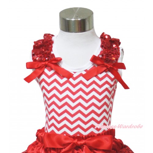 Xmas Red White Chevron Tank Top Red Sequins Ruffles Red Bows TP95