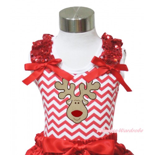 Xmas Red White Chevron Tank Top Red Sequins Ruffles Red Bow & Christmas Reindeer Print TP96