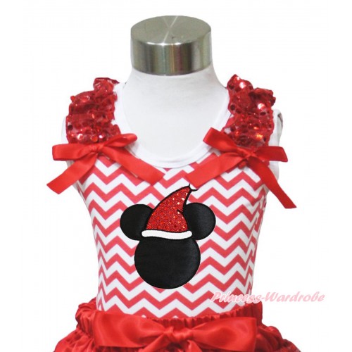 Xmas Red White Chevron Tank Top Red Sequins Ruffles Red Bow & Christmas Minnie Print TP98