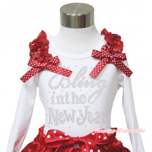 White Long Sleeves Top Red Sequins Ruffles Minnie Dots Bow & Sparkle Rhinestone Bling In The New Year TW540