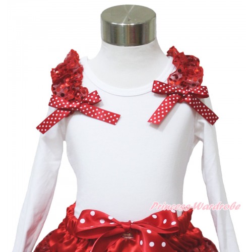 Xmas White Long Sleeves Top Red Sequins Ruffles Minnie Dots Bow TW541