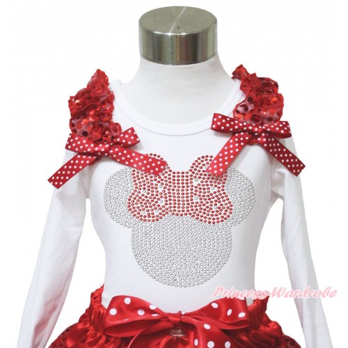 Xmas White Long Sleeves Top Red Sequins Ruffles Minnie Dots Bow & Sparkle Rhinestone Red Minnie TW542