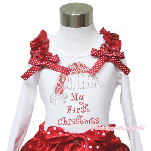 Xmas White Long Sleeves Top Red Sequins Ruffles Minnie Dots Bow & Sparkle Rhinestone Christmas Hat TW544