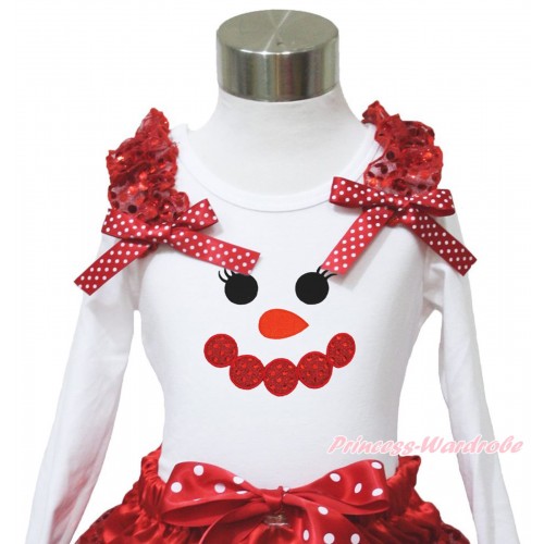 Xmas White Long Sleeves Top Red Sequins Ruffles Minnie Dots Bow & Sparkle Red Snowman Face TW545
