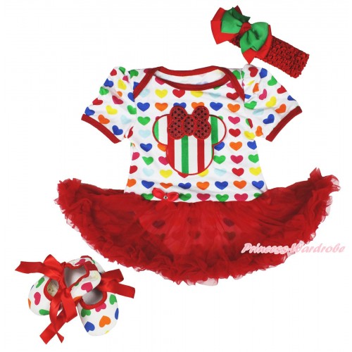 Xmas Rainbow Heart Baby Bodysuit Red Pettiskirt & Red White Green Striped Minnie & Red Headband Kelly Green Red Ribbon Bow & Red Ribbon Rainbow Heart Shoes JS4219