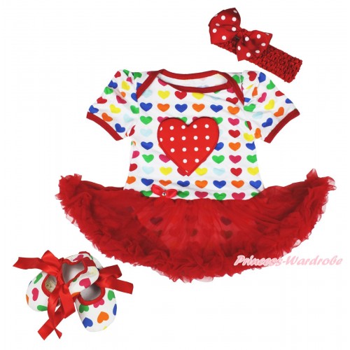 Valentine's Day Rainbow Heart Baby Bodysuit Red Pettiskirt & Red White Dots Heart & Red Headband Red White Dots Silk Bow & Red Ribbon Rainbow Heart Shoes JS4220