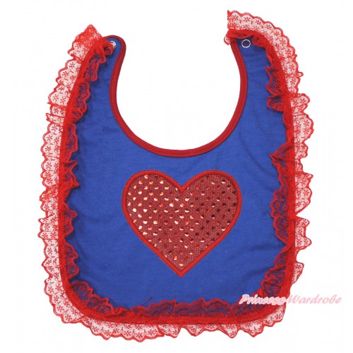 Valentine's Day Red Lace Royal Blue Baby Bib & Sparkle Red Heart Print BI06