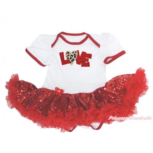 Valentine's Day White Baby Bodysuit Sparkle Red Sequins Pettiskirt & Sparkle Red Leopard Love Print JS4232