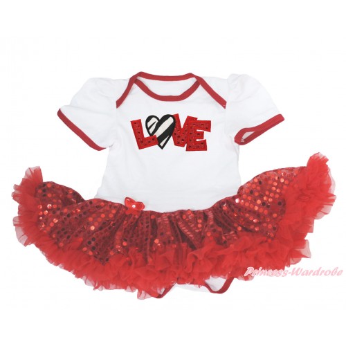 Valentine's Day White Baby Bodysuit Sparkle Red Sequins Pettiskirt & Sparkle Red Zebra Love Print JS4233