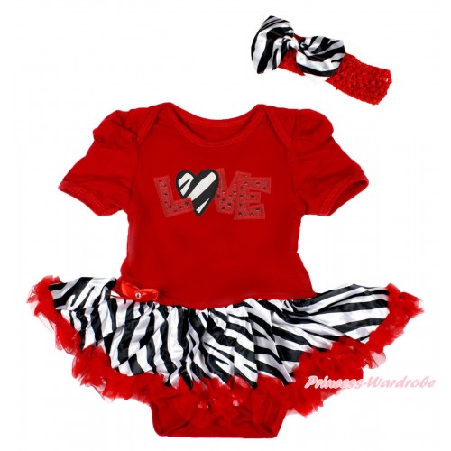 Valentine's Day Red Baby Bodysuit Zebra Red Pettiskirt & Sparkle Red Zebra Love Print & Red Headband Zebra Satin Bow JS4234
