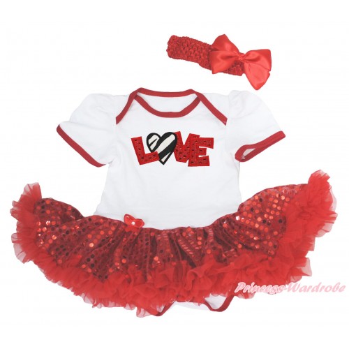 Valentine's Day White Baby Bodysuit Sparkle Red Sequins Pettiskirt & Sparkle Red Zebra Love & Red Headband Silk Bow JS4237